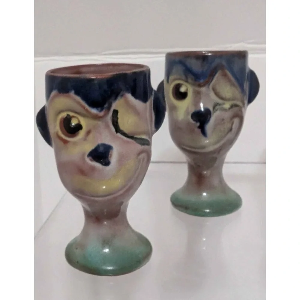 Monkey Shot Glasses Vintage Pottery Artist Signed Set Of Four Faces